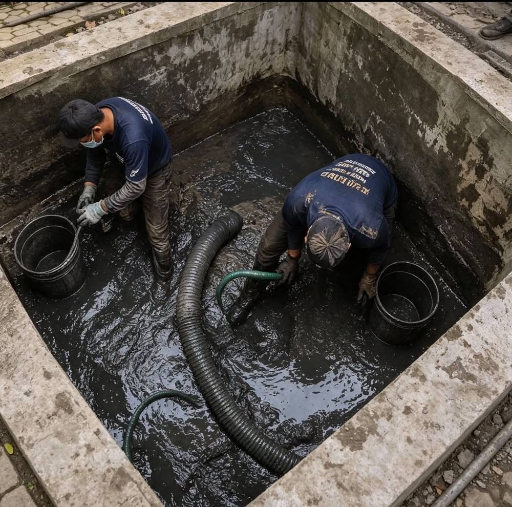 Team ng Malabanan Plumbing na naglilinis ng septic tank