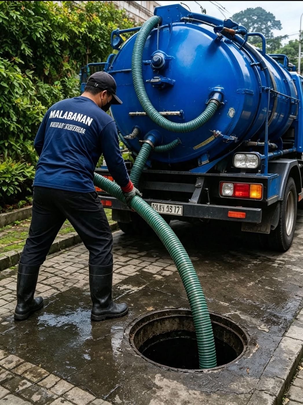 Malabanan Plumbing & Drainage Services technician operating vacuum truck for septic tank pump-out